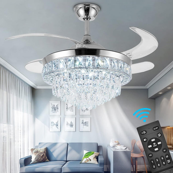 42 in. Crystal Ceiling Fan with Light, Indoor Dimmable Crystal Fandelier, Gold Retractable Ceiling Fan Chandelier Fan for Living Room Dining Room -25-ErisView