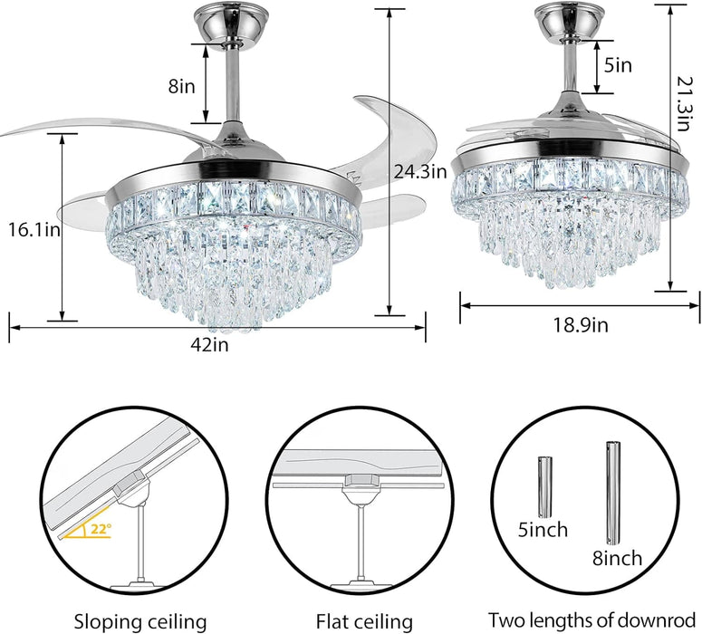 42 in. Crystal Ceiling Fan with Light, Indoor Dimmable Crystal Fandelier, Gold Retractable Ceiling Fan Chandelier Fan for Living Room Dining Room -26-ErisView
