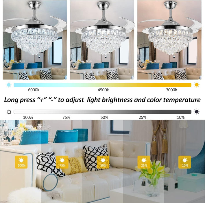 42 in. Crystal Ceiling Fan with Light, Indoor Dimmable Crystal Fandelier, Gold Retractable Ceiling Fan Chandelier Fan for Living Room Dining Room -27-ErisView