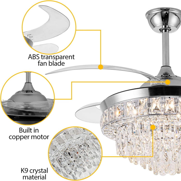 42 in. Crystal Ceiling Fan with Light, Indoor Dimmable Crystal Fandelier, Gold Retractable Ceiling Fan Chandelier Fan for Living Room Dining Room -28-ErisView
