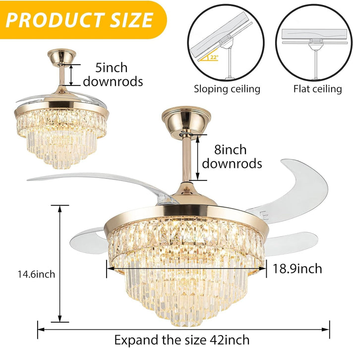 42 in. Crystal Ceiling Fan with Light, Indoor Dimmable Crystal Fandelier, Gold Retractable Ceiling Fan Chandelier Fan for Living Room Dining Room -2-ErisView