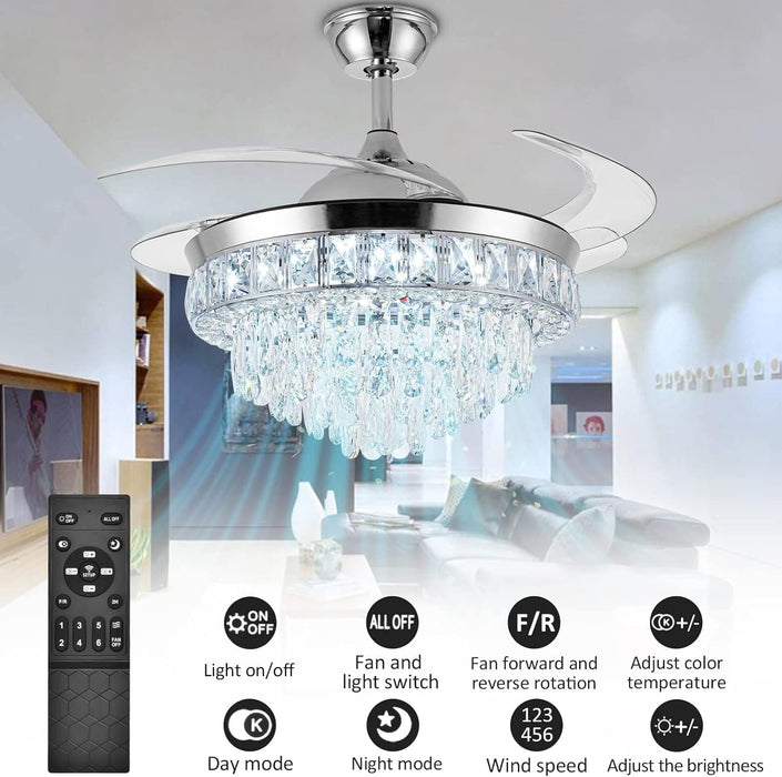 42 in. Crystal Ceiling Fan with Light, Indoor Dimmable Crystal Fandelier, Gold Retractable Ceiling Fan Chandelier Fan for Living Room Dining Room -30-ErisView
