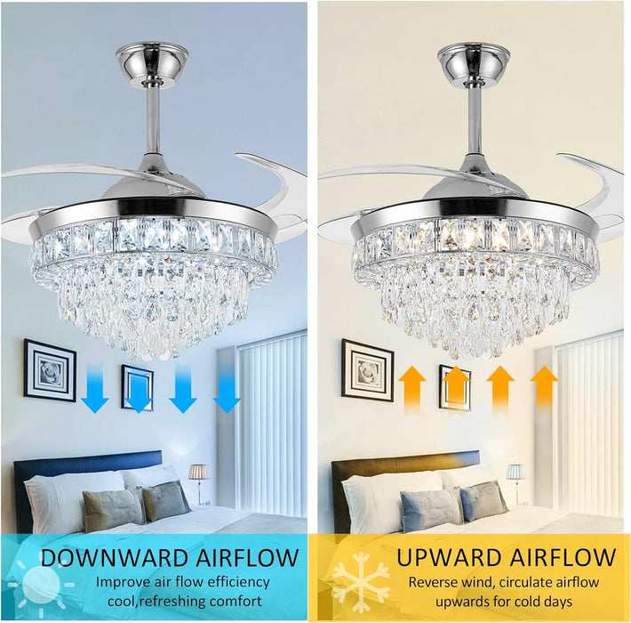 42 in. Crystal Ceiling Fan with Light, Indoor Dimmable Crystal Fandelier, Gold Retractable Ceiling Fan Chandelier Fan for Living Room Dining Room -31-ErisView