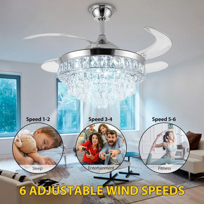 42 in. Crystal Ceiling Fan with Light, Indoor Dimmable Crystal Fandelier, Gold Retractable Ceiling Fan Chandelier Fan for Living Room Dining Room -32-ErisView