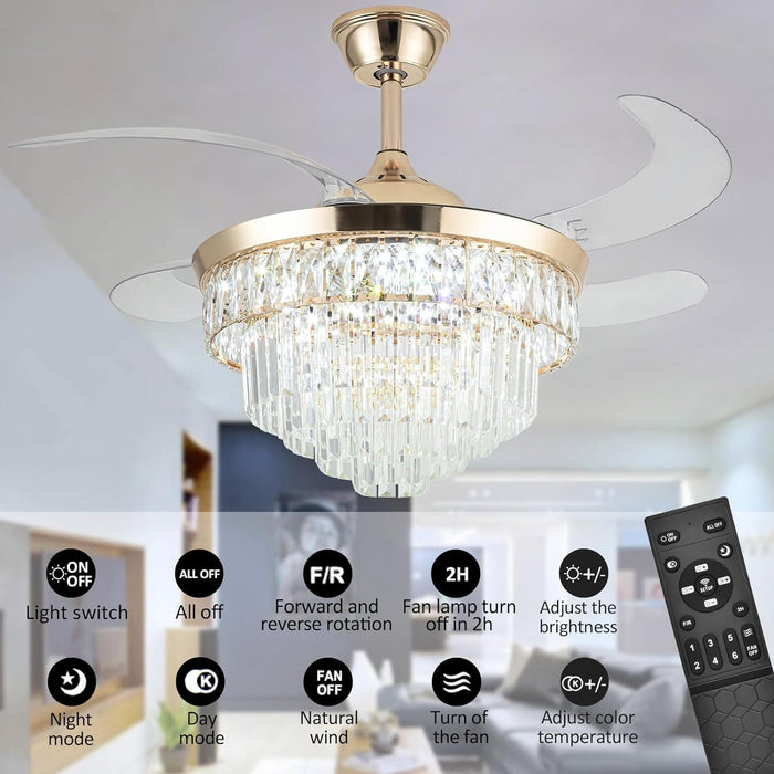 42 in. Crystal Ceiling Fan with Light, Indoor Dimmable Crystal Fandelier, Gold Retractable Ceiling Fan Chandelier Fan for Living Room Dining Room -3-ErisView