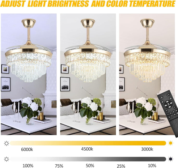 42 in. Crystal Ceiling Fan with Light, Indoor Dimmable Crystal Fandelier, Gold Retractable Ceiling Fan Chandelier Fan for Living Room Dining Room -4-ErisView