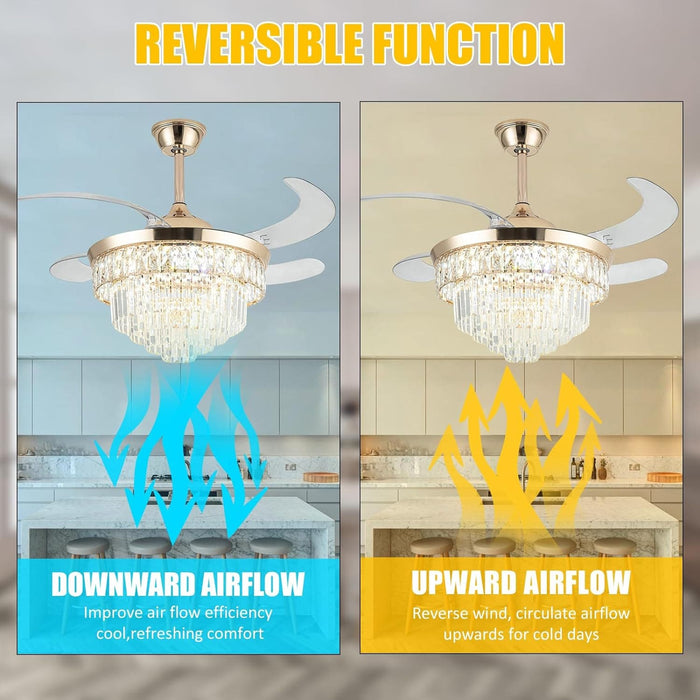 42 in. Crystal Ceiling Fan with Light, Indoor Dimmable Crystal Fandelier, Gold Retractable Ceiling Fan Chandelier Fan for Living Room Dining Room -5-ErisView