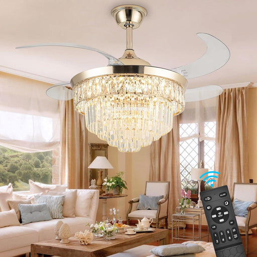 42 in. Crystal Ceiling Fan with Light, Indoor Dimmable Crystal Fandelier, Gold Retractable Ceiling Fan Chandelier Fan for Living Room Dining Room -1-ErisView