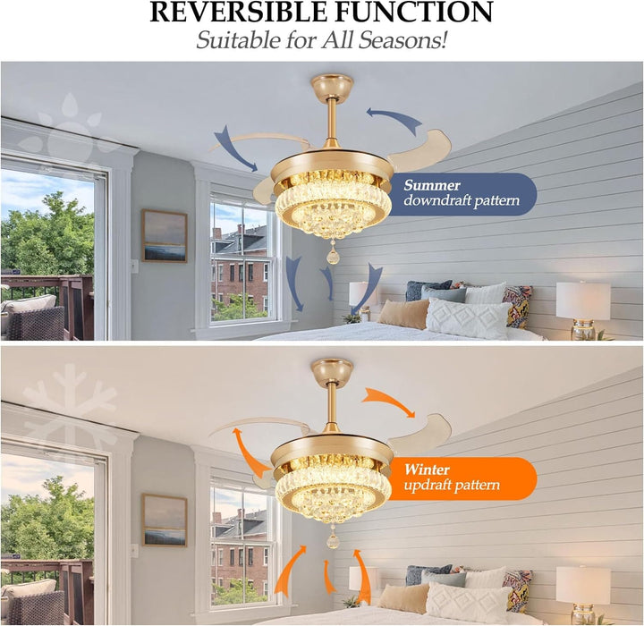 42 in. Crystal Ceiling Fan with Light and Remote, Modern Reversible Retractable 3 Blade Ceiling Fan Chandelier for Living Room Bedroom Dining Room-11-ErisView