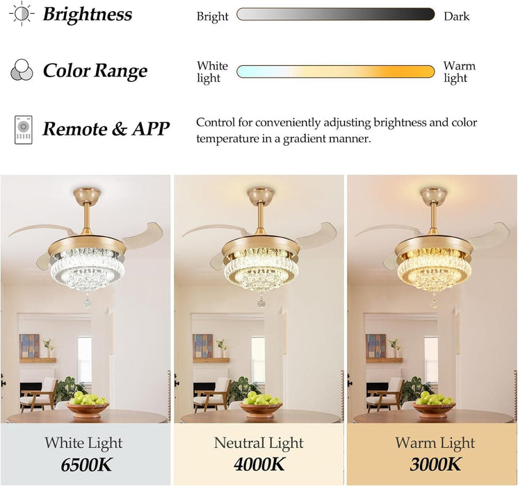 42 in. Crystal Ceiling Fan with Light and Remote, Modern Reversible Retractable 3 Blade Ceiling Fan Chandelier for Living Room Bedroom Dining Room-12-ErisView
