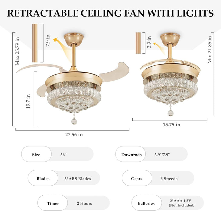 42 in. Crystal Ceiling Fan with Light and Remote, Modern Reversible Retractable 3 Blade Ceiling Fan Chandelier for Living Room Bedroom Dining Room-13-ErisView