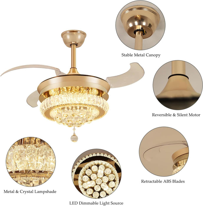 42 in. Crystal Ceiling Fan with Light and Remote, Modern Reversible Retractable 3 Blade Ceiling Fan Chandelier for Living Room Bedroom Dining Room-14-ErisView
