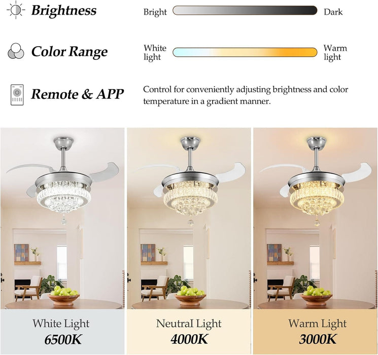 42 in. Crystal Ceiling Fan with Light and Remote, Modern Reversible Retractable 3 Blade Ceiling Fan Chandelier for Living Room Bedroom Dining Room-20-ErisView