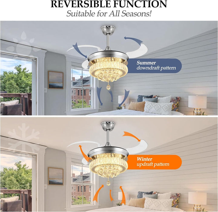 42 in. Crystal Ceiling Fan with Light and Remote, Modern Reversible Retractable 3 Blade Ceiling Fan Chandelier for Living Room Bedroom Dining Room-21-ErisView