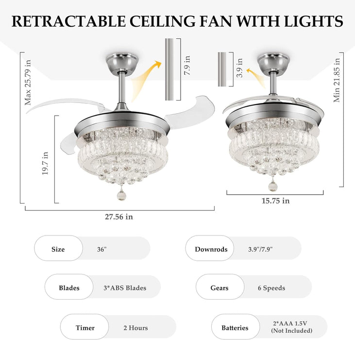 42 in. Crystal Ceiling Fan with Light and Remote, Modern Reversible Retractable 3 Blade Ceiling Fan Chandelier for Living Room Bedroom Dining Room-22-ErisView