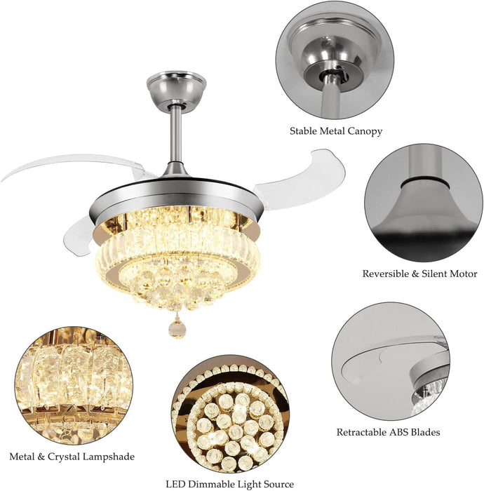 42 in. Crystal Ceiling Fan with Light and Remote, Modern Reversible Retractable 3 Blade Ceiling Fan Chandelier for Living Room Bedroom Dining Room-23-ErisView