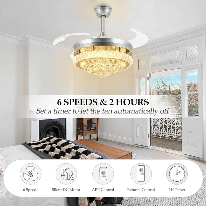 42 in. Crystal Ceiling Fan with Light and Remote, Modern Reversible Retractable 3 Blade Ceiling Fan Chandelier for Living Room Bedroom Dining Room-24-ErisView
