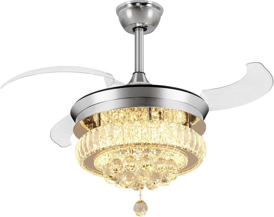 42 in. Crystal Ceiling Fan with Light and Remote, Modern Reversible Retractable 3 Blade Ceiling Fan Chandelier for Living Room Bedroom Dining Room-27-ErisView