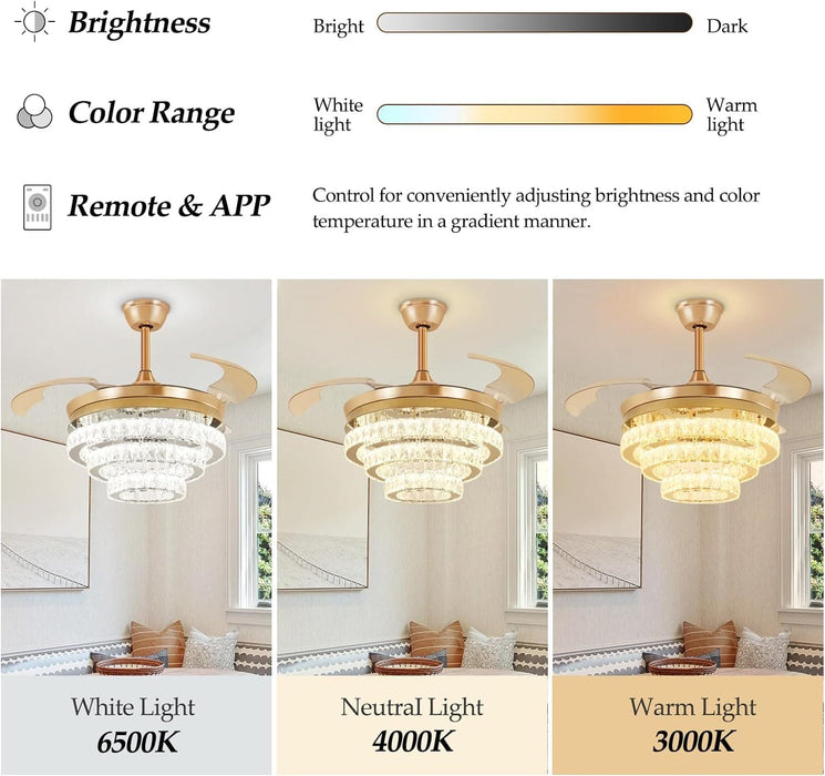 42 in. Crystal Ceiling Fan with Light and Remote, Modern Reversible Retractable 3 Blade Ceiling Fan Chandelier for Living Room Bedroom Dining Room-29-ErisView