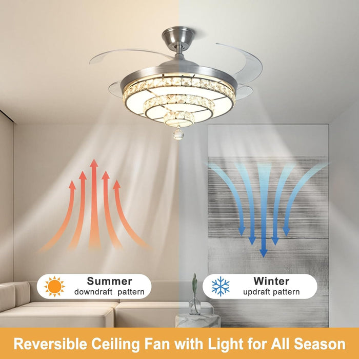 42 in. Crystal Ceiling Fan with Light and Remote, Modern Reversible Retractable 3 Blade Ceiling Fan Chandelier for Living Room Bedroom Dining Room-2-ErisView