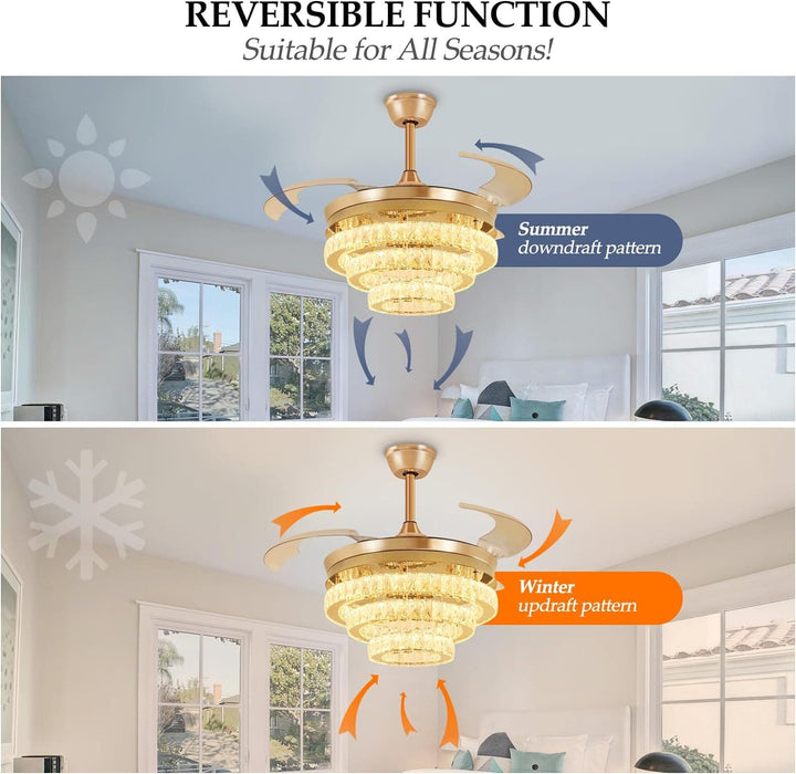 42 in. Crystal Ceiling Fan with Light and Remote, Modern Reversible Retractable 3 Blade Ceiling Fan Chandelier for Living Room Bedroom Dining Room-30-ErisView