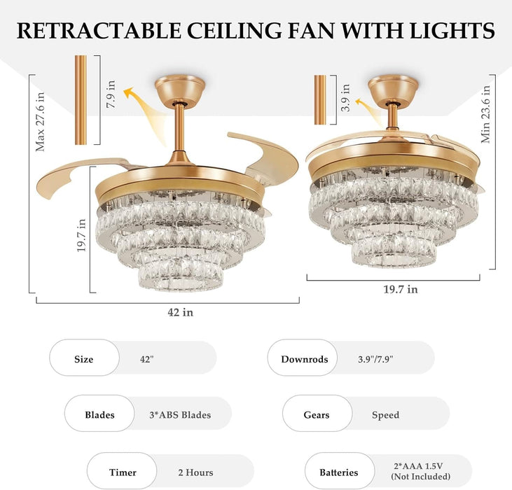 42 in. Crystal Ceiling Fan with Light and Remote, Modern Reversible Retractable 3 Blade Ceiling Fan Chandelier for Living Room Bedroom Dining Room-31-ErisView