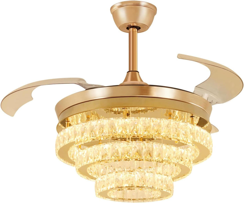 42 in. Crystal Ceiling Fan with Light and Remote, Modern Reversible Retractable 3 Blade Ceiling Fan Chandelier for Living Room Bedroom Dining Room-36-ErisView