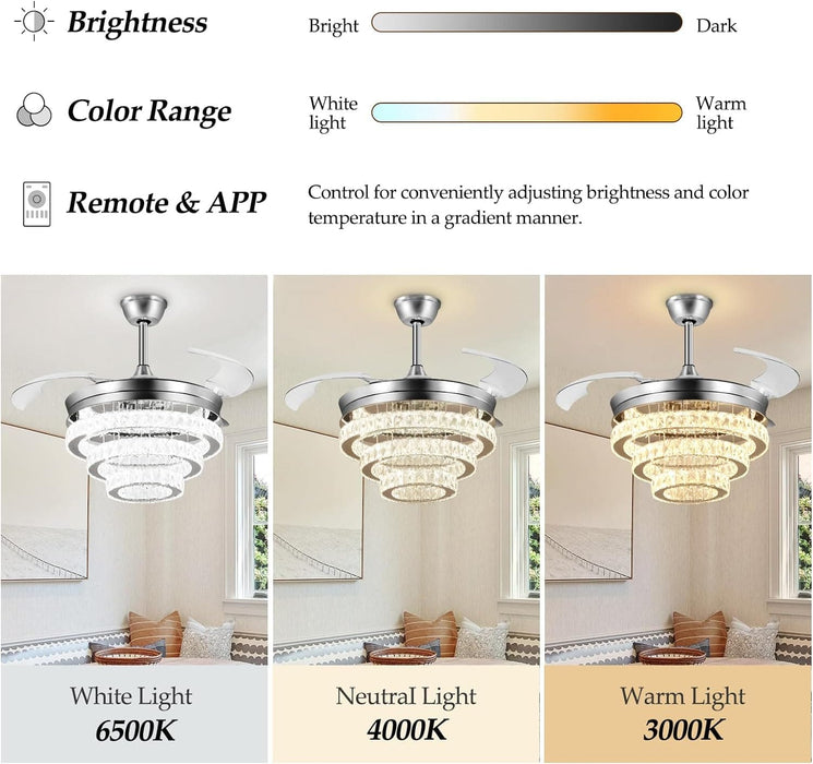 42 in. Crystal Ceiling Fan with Light and Remote, Modern Reversible Retractable 3 Blade Ceiling Fan Chandelier for Living Room Bedroom Dining Room-38-ErisView