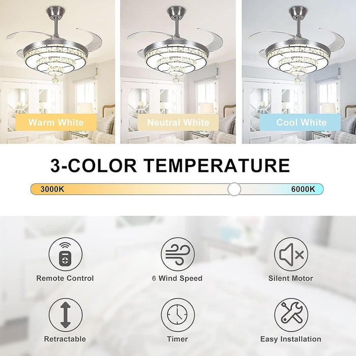 42 in. Crystal Ceiling Fan with Light and Remote, Modern Reversible Retractable 3 Blade Ceiling Fan Chandelier for Living Room Bedroom Dining Room-3-ErisView