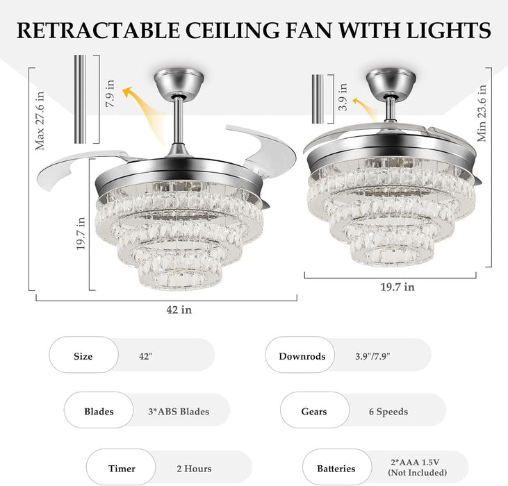 42 in. Crystal Ceiling Fan with Light and Remote, Modern Reversible Retractable 3 Blade Ceiling Fan Chandelier for Living Room Bedroom Dining Room-40-ErisView
