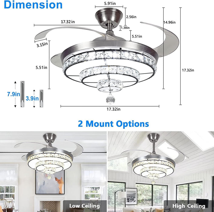 42 in. Crystal Ceiling Fan with Light and Remote, Modern Reversible Retractable 3 Blade Ceiling Fan Chandelier for Living Room Bedroom Dining Room-6-ErisView