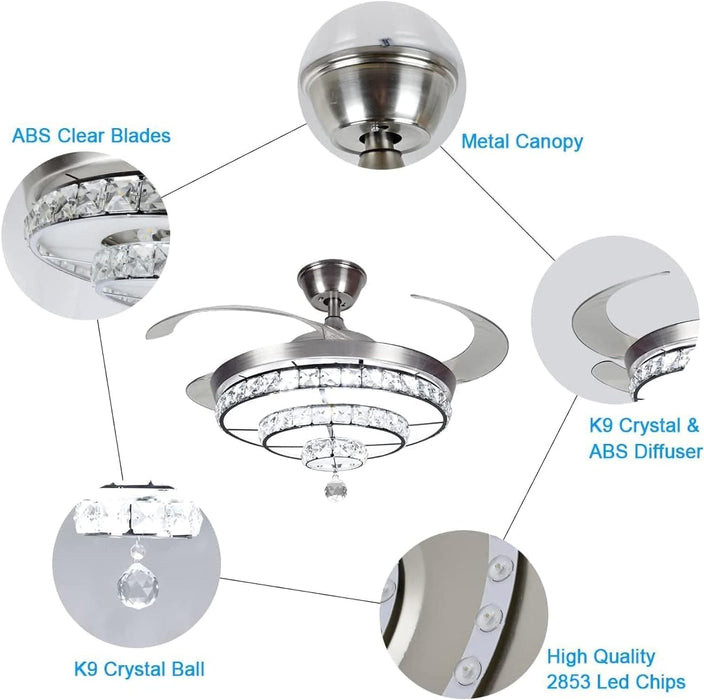 42 in. Crystal Ceiling Fan with Light and Remote, Modern Reversible Retractable 3 Blade Ceiling Fan Chandelier for Living Room Bedroom Dining Room-8-ErisView