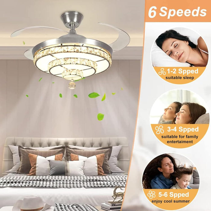 42 in. Crystal Ceiling Fan with Light and Remote, Modern Reversible Retractable 3 Blade Ceiling Fan Chandelier for Living Room Bedroom Dining Room-9-ErisView