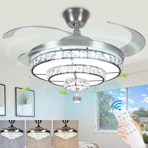 42 in. Crystal Ceiling Fan with Light and Remote, Modern Reversible Retractable 3 Blade Ceiling Fan Chandelier for Living Room Bedroom Dining Room-1-ErisView