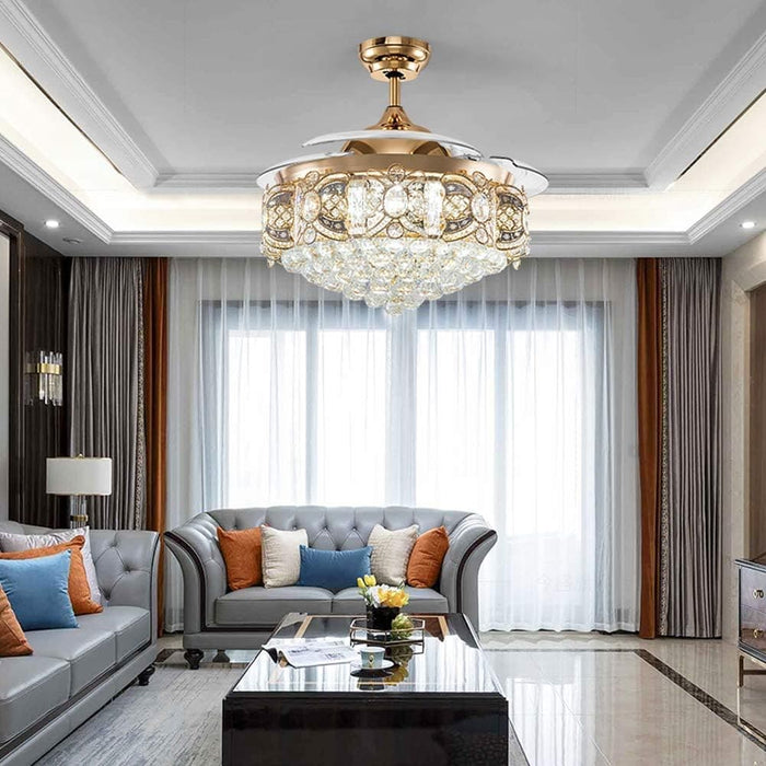 42 in. Crystal Ceiling Fan with Lights and Remote, Modern Retractable Luxury Chandelier Ceiling Fan for Living Room Dining Room Bedroom-2-ErisView