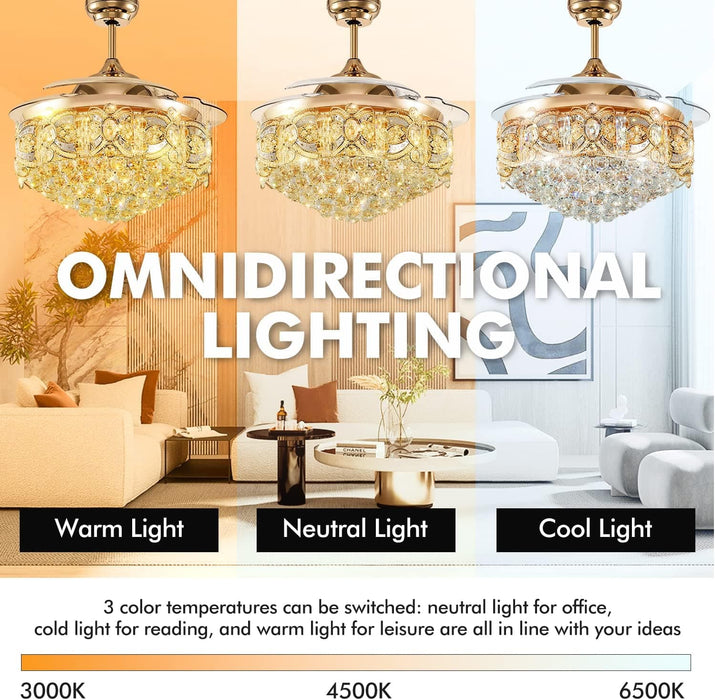 42 in. Crystal Ceiling Fan with Lights and Remote, Modern Retractable Luxury Chandelier Ceiling Fan for Living Room Dining Room Bedroom-3-ErisView