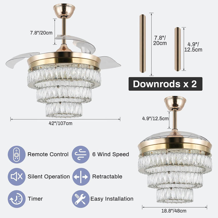 42 in. Dimmable Crystal Ceiling Fan Chandeliers with Lights with APP and Remote Control, Gold Fandelier Ceiling Fan-5-ErisView
