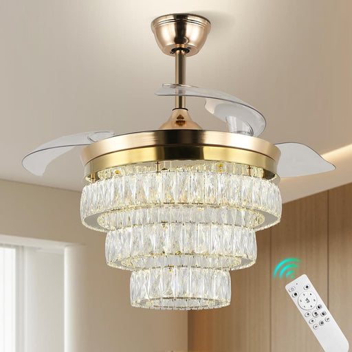 42 in. Dimmable Crystal Ceiling Fan Chandeliers with Lights with APP and Remote Control, Gold Fandelier Ceiling Fan-1-ErisView
