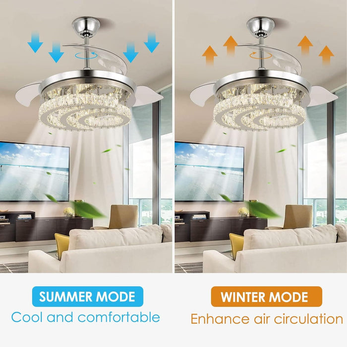 42 in. Dimmable Crystal Chandelier Fandelier Ceiling Fan with Lights and Remote, Moon Shape Retractable Ceiling Fan for Bedroom Living Room Dining Room-6-ErisView