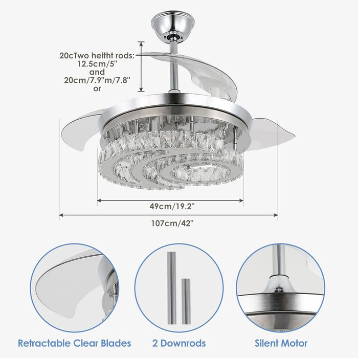 42 in. Dimmable Crystal Chandelier Fandelier Ceiling Fan with Lights and Remote, Moon Shape Retractable Ceiling Fan for Bedroom Living Room Dining Room-7-ErisView