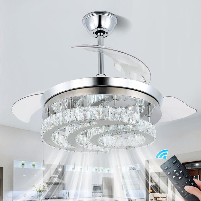 42 in. Dimmable Crystal Chandelier Fandelier Ceiling Fan with Lights and Remote, Moon Shape Retractable Ceiling Fan for Bedroom Living Room Dining Room-1-ErisView