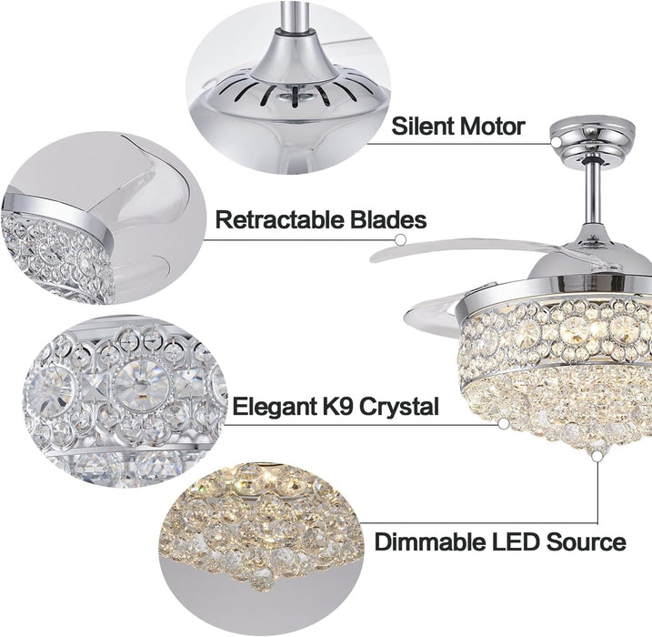 42 in. Dimmable Crystal Fandelier with Lights and Remote, Invisible Retractable Chandelier Ceiling Fan for Bedroom Living Room Dining Room-10-ErisView