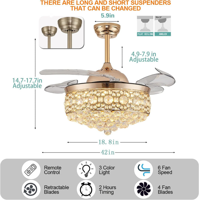 42 in. Dimmable Crystal Fandelier with Lights and Remote, Invisible Retractable Chandelier Ceiling Fan for Bedroom Living Room Dining Room-2-ErisView