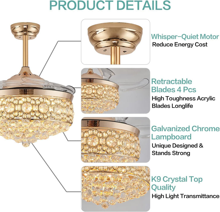 42 in. Dimmable Crystal Fandelier with Lights and Remote, Invisible Retractable Chandelier Ceiling Fan for Bedroom Living Room Dining Room-4-ErisView