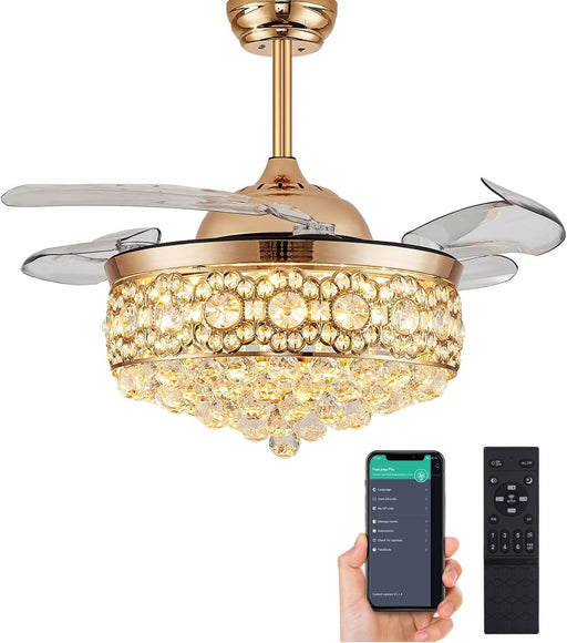 42 in. Dimmable Crystal Fandelier with Lights and Remote, Invisible Retractable Chandelier Ceiling Fan for Bedroom Living Room Dining Room-1-ErisView