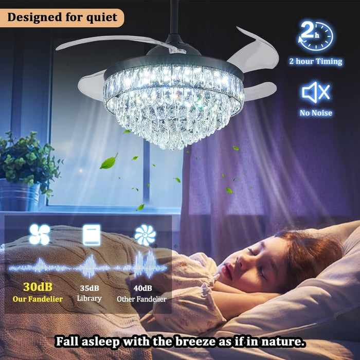 42 in. Dimmable Fandelier for Bedroom, Crystal Chandelier Ceiling Fan, Retractable Blade Ceiling Fan with Light and Remote-2-ErisView