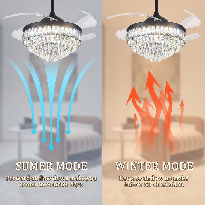 42 in. Dimmable Fandelier for Bedroom, Crystal Chandelier Ceiling Fan, Retractable Blade Ceiling Fan with Light and Remote-3-ErisView