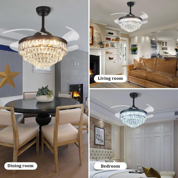 42 in. Dimmable Fandelier for Bedroom, Crystal Chandelier Ceiling Fan, Retractable Blade Ceiling Fan with Light and Remote-4-ErisView