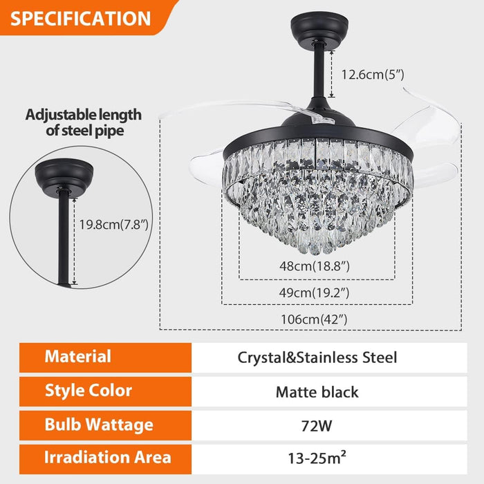 42 in. Dimmable Fandelier for Bedroom, Crystal Chandelier Ceiling Fan, Retractable Blade Ceiling Fan with Light and Remote-6-ErisView