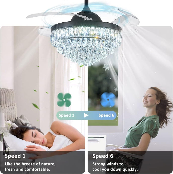 42 in. Dimmable Fandelier for Bedroom, Crystal Chandelier Ceiling Fan, Retractable Blade Ceiling Fan with Light and Remote-7-ErisView